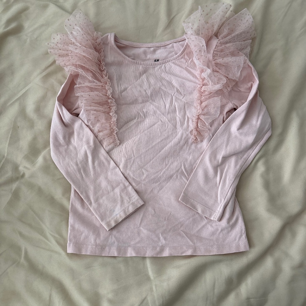 H & M Long Sleeve Tulle Ruffle Pink Tee Blouse Size 5T 6